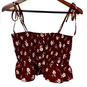 Paper Crane brown floral smocked boho crop top elastic straps festival large